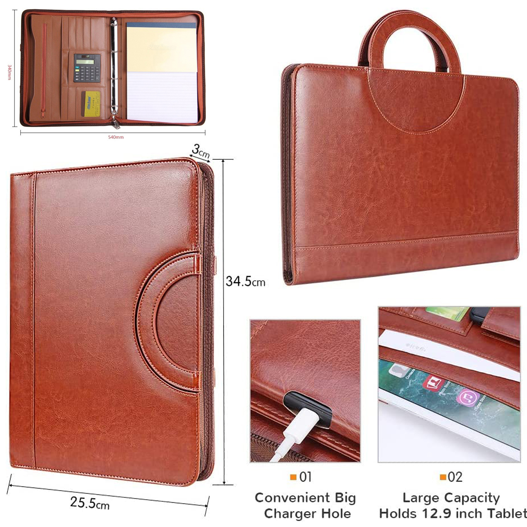Zippered Leather Padfolio Portfolio with Hidden Handle
