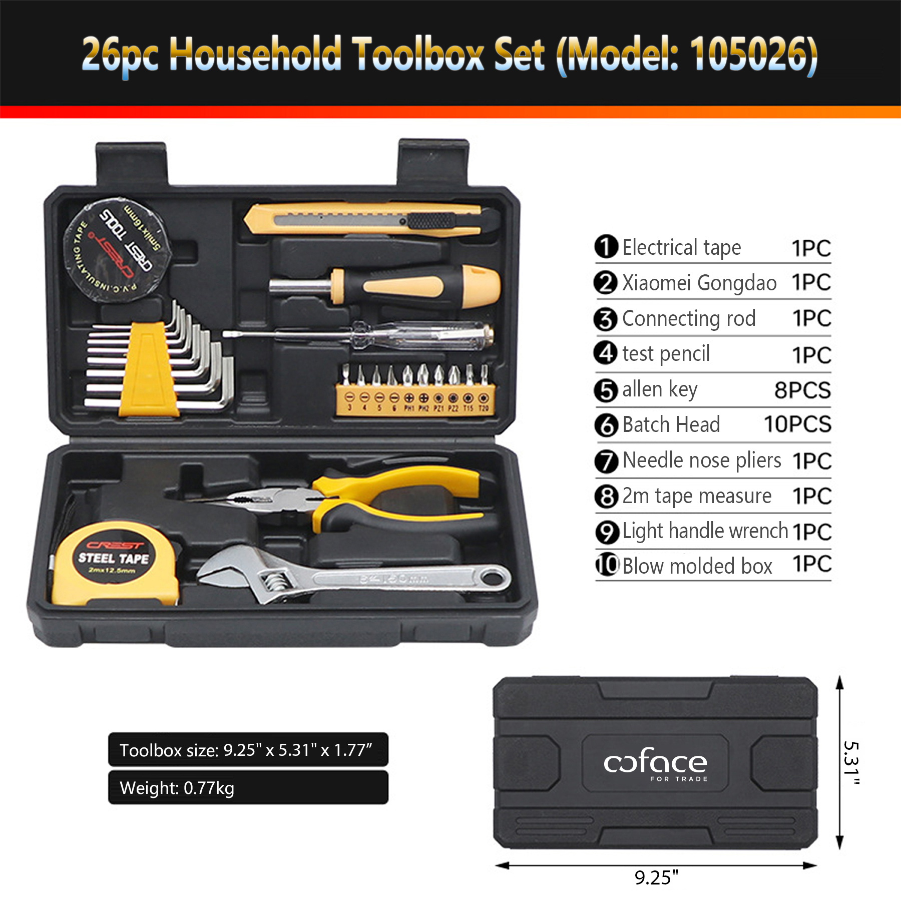 HandyPro 26pc Household Toolbox Set with Wrench, Electrical Tape, and Pliers 9