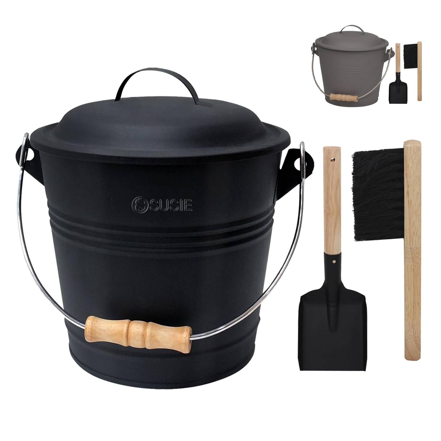 Mini Fireplace Ash Bucket Set w/ Lid, Brush & Shovel 8