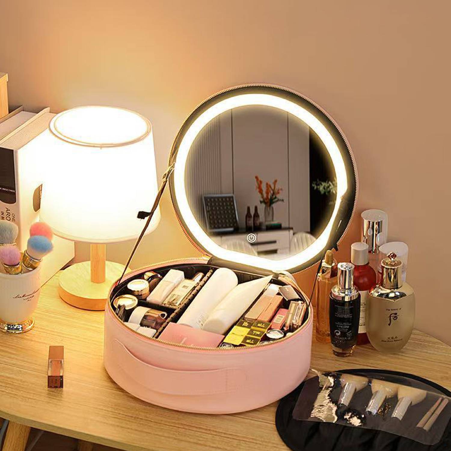 Large Round Travel Makeup Bag Cosmetic Case w/ LED Mirror 5