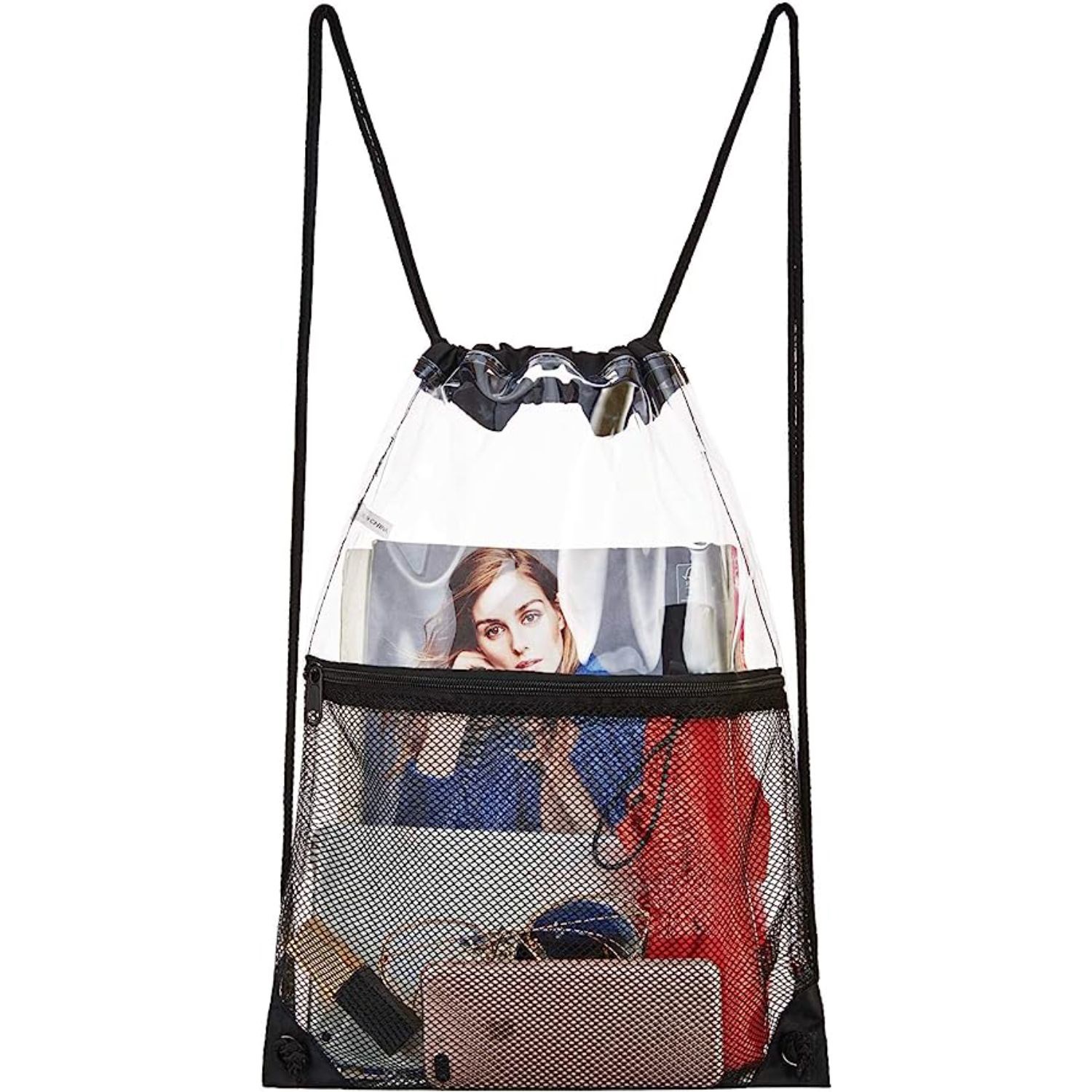 Cinch Sacks Backpack Clear PVC Drawstring Bag with Front Zipper Mesh Pocket 3