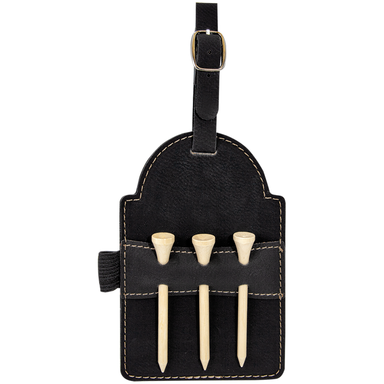 5" x 3 1/4" Black/Gold Leatherette Golf Bag Tag with 3 Wooden Tees 3