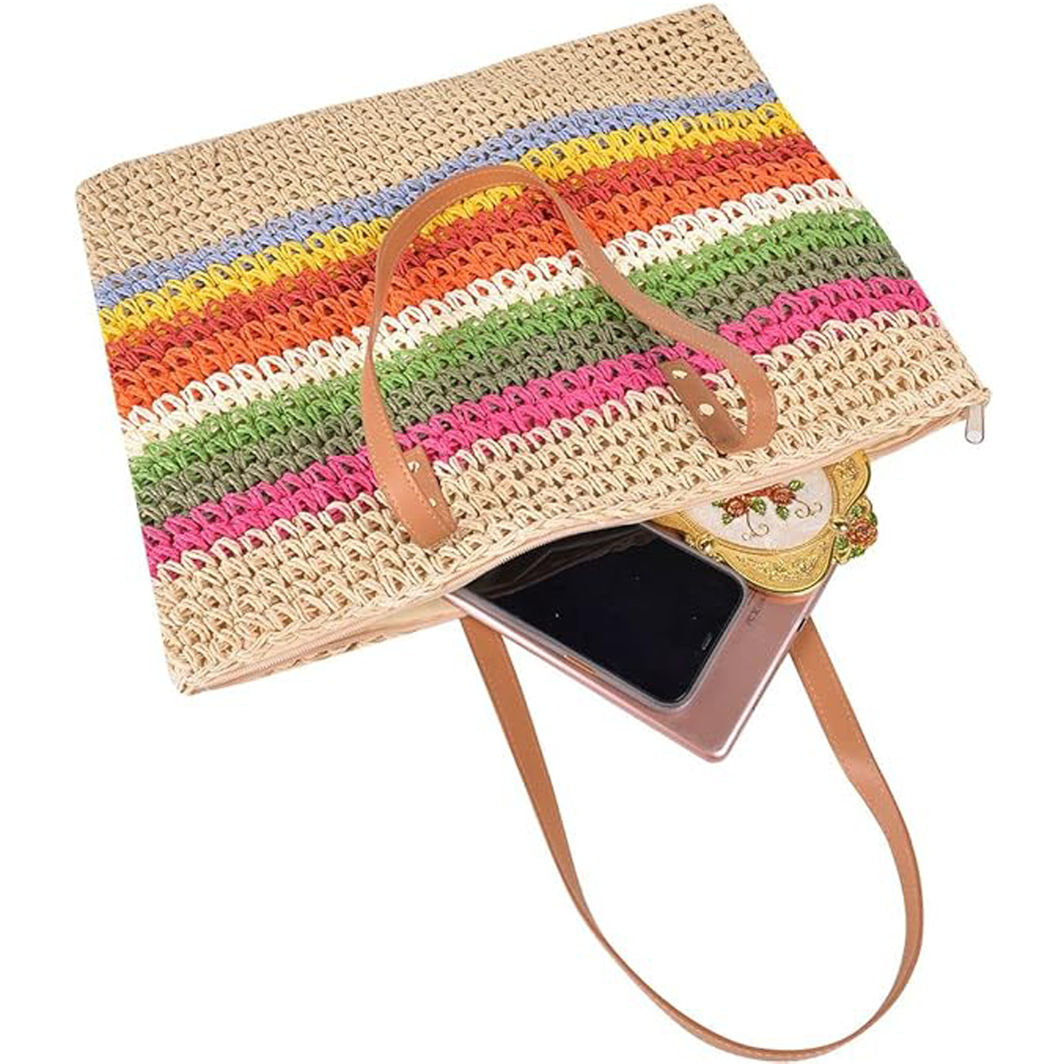 Rainbow Striped Paper Rope Shoulder Bag - Boho Beach Tote 5