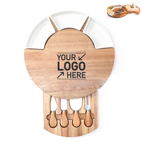 Bamboo Cheese Board Set, 4 Knives and 3 Bowls Server Plate