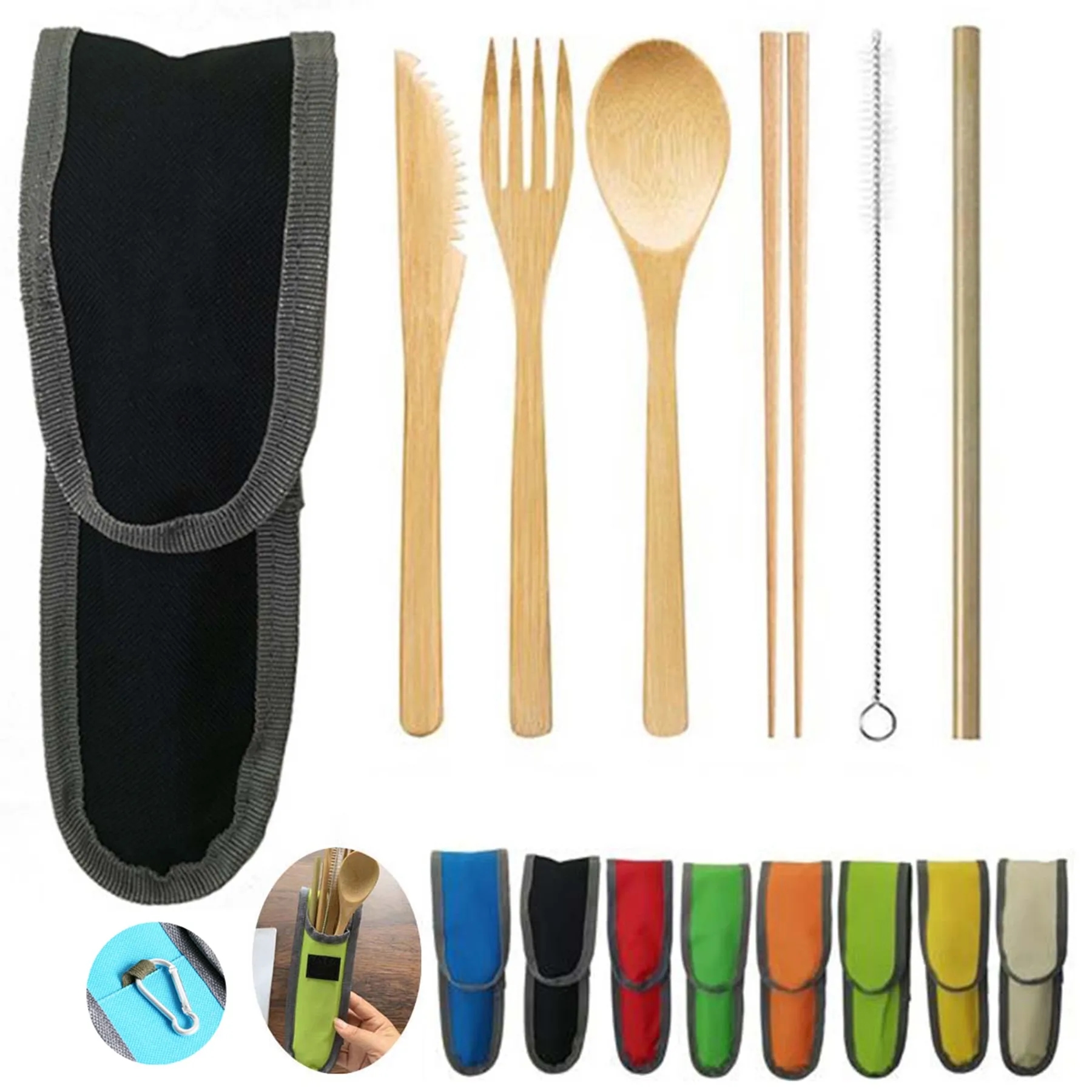Bamboo Travel Utensil Set With Carabiner 4