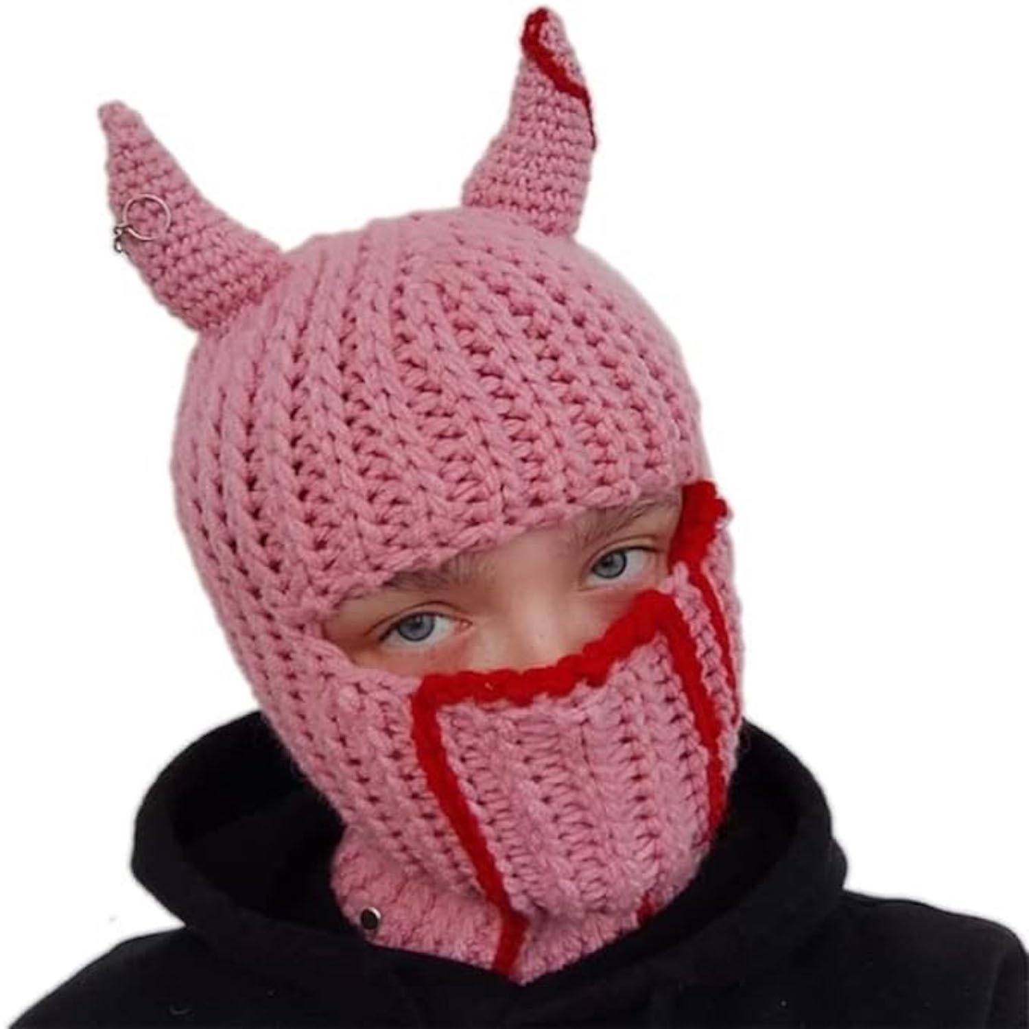 Full Face Cover Horns Creative Knitted Hat 4