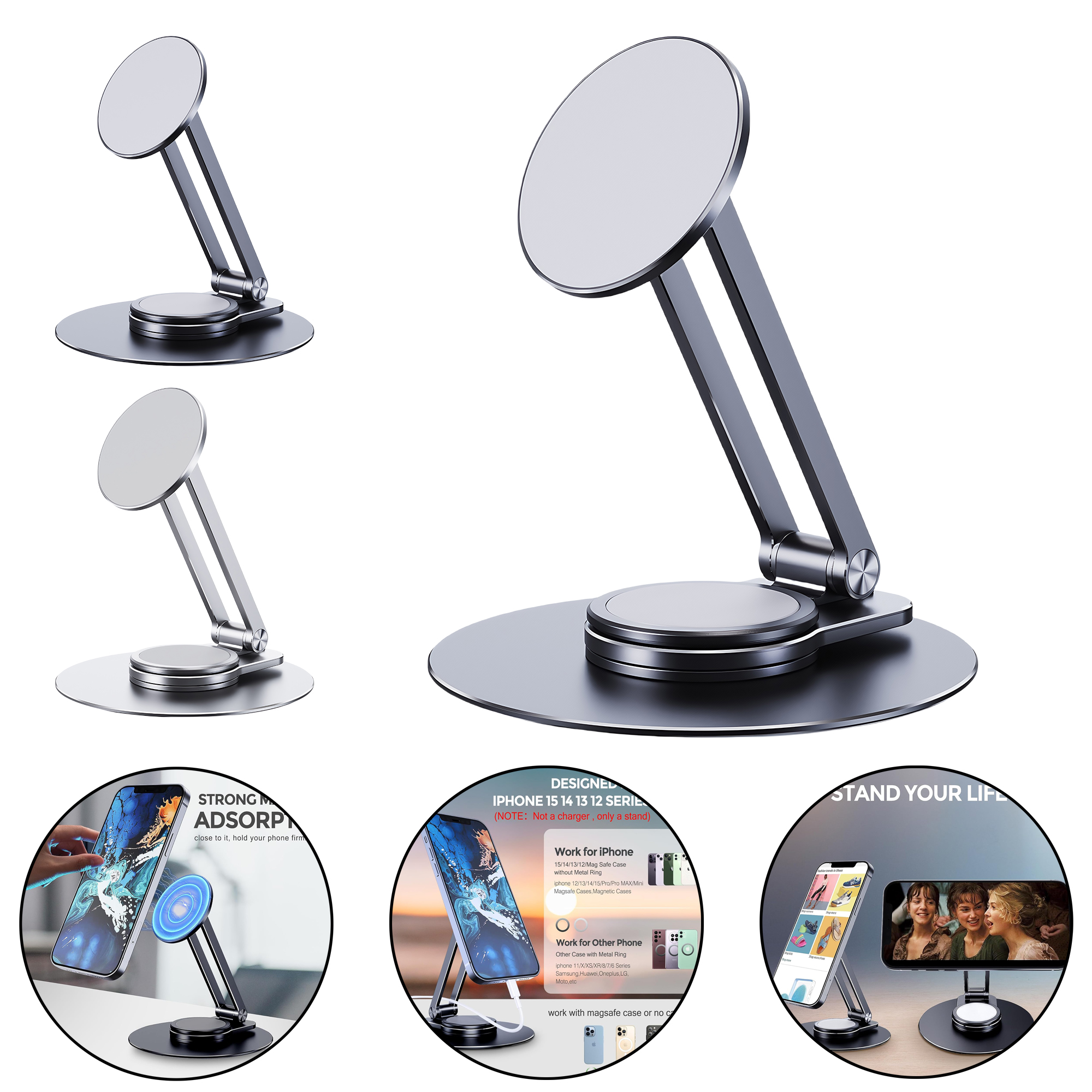 360 Rotating Aluminum Alloy Foldable Lazy Phone Tablet Stand with Magnetic Holder 3