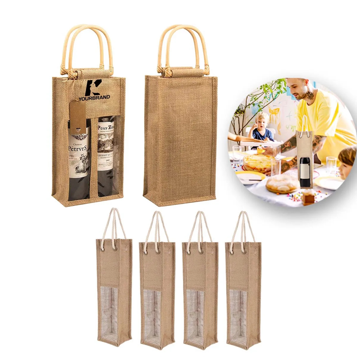 Reusable Natural Jute Wine Handle Bag With Clear Window 2