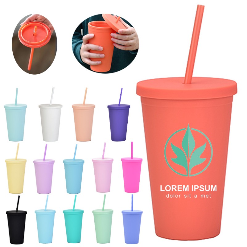 16oz Plastic Double Wall Matt Tumbler Cup with Lid and Straw 3