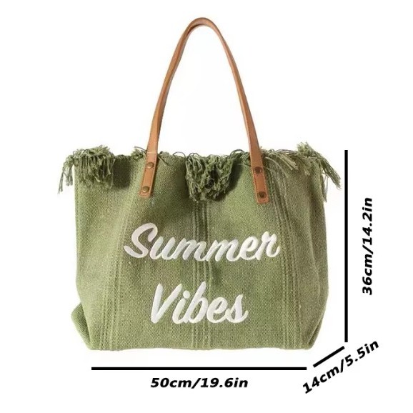 Cotton Canvas Linen Tote Bag Fringe Tote Bag with Tassel 1