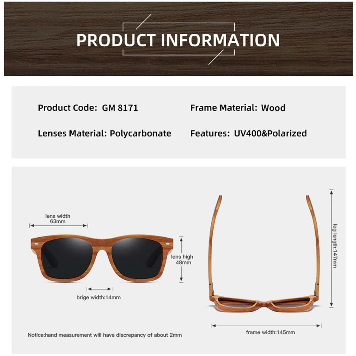 UV400 Unisex Wooden Frame Square Polarized Sunglasses 10