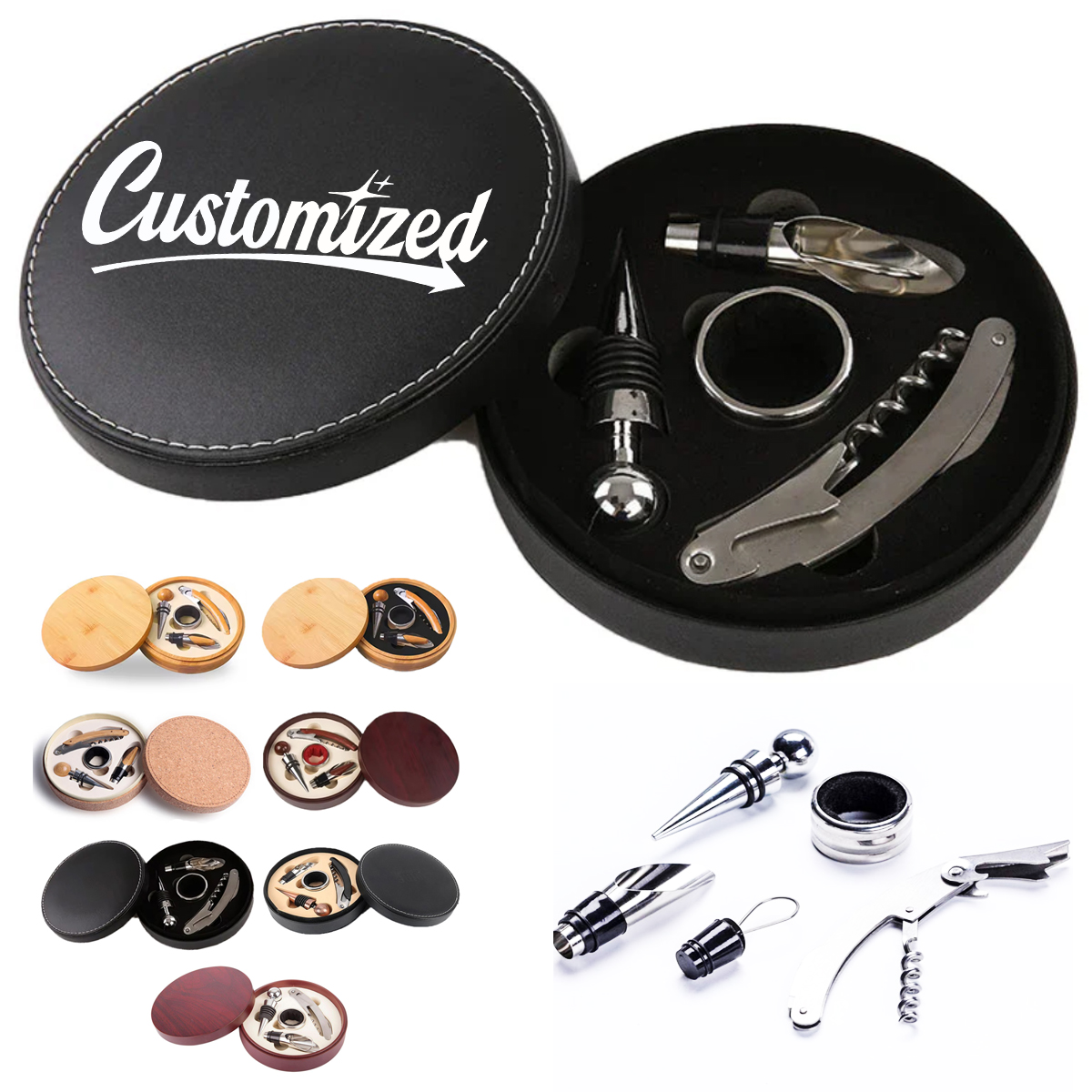 4 Piece Wine Gift Set in Round Leather Case