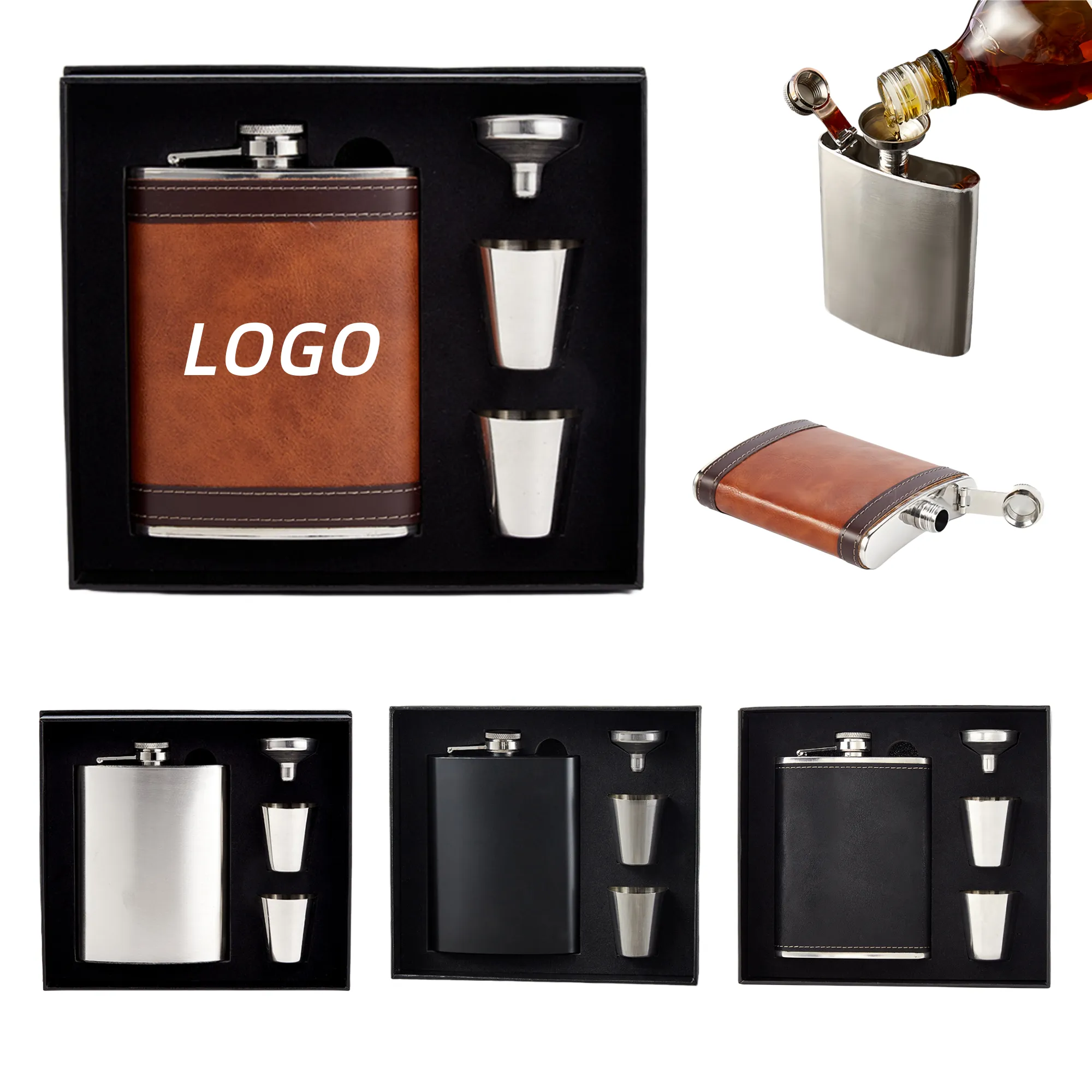 8oz Portable Stainless Steel Hip Flask Set Gift, custom water bottle with logo imprint 3