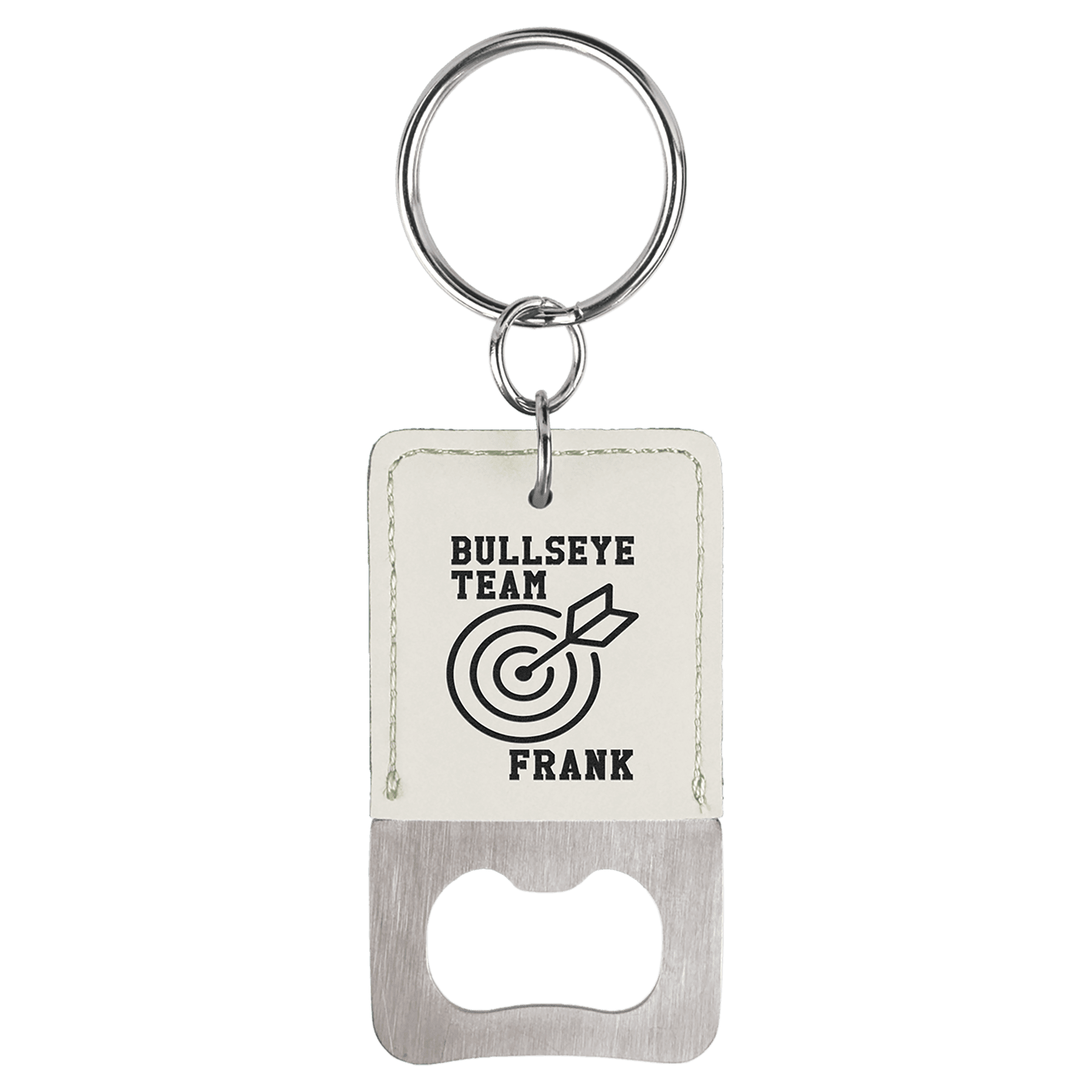 Rectangle White Leatherette Bottle Opener Keychain 2