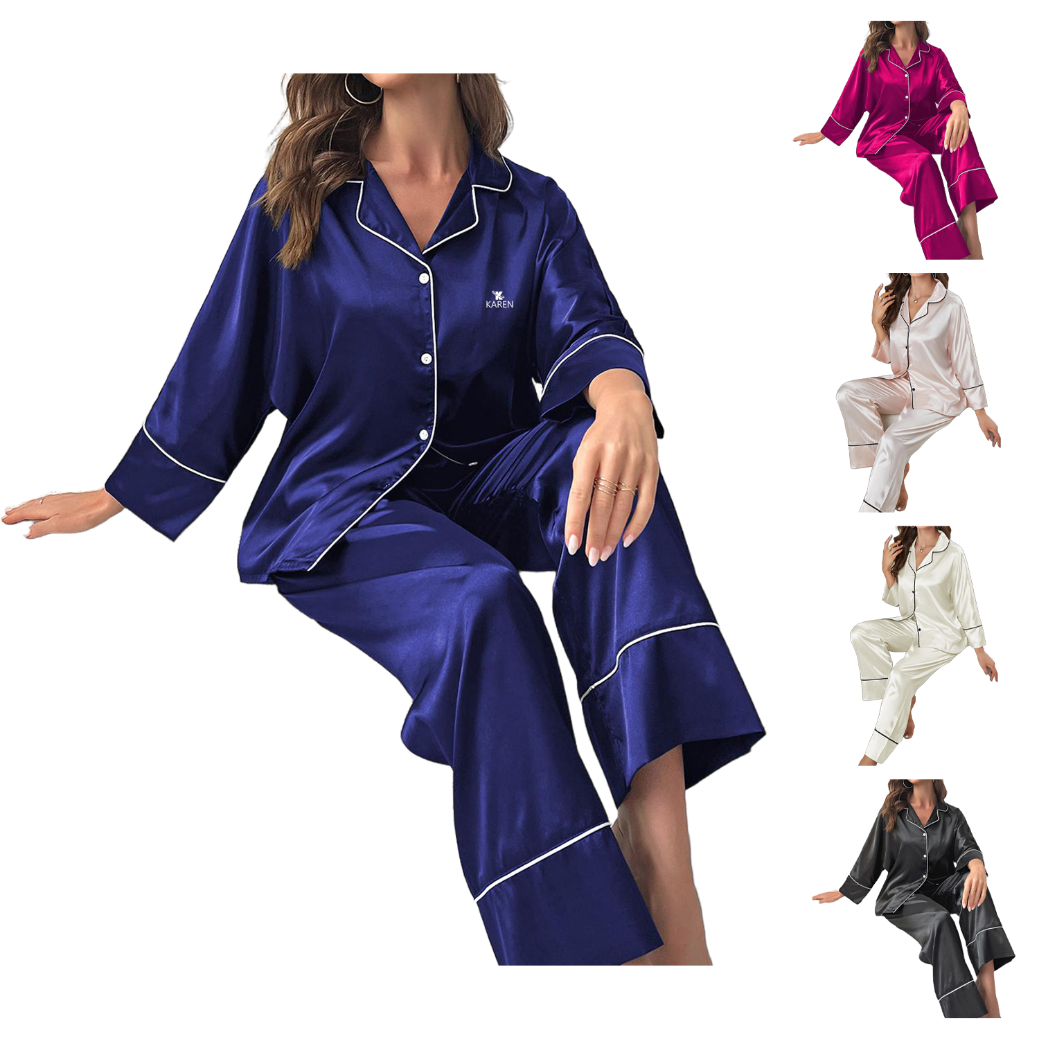 Women Sexy Color Solid Satin Long Sleeve Pants Pajama Set 3