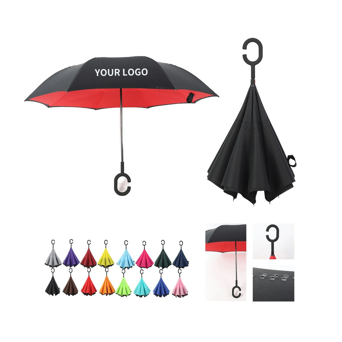 Pongee Inversion Umbrella with Hands Free C Handle 18