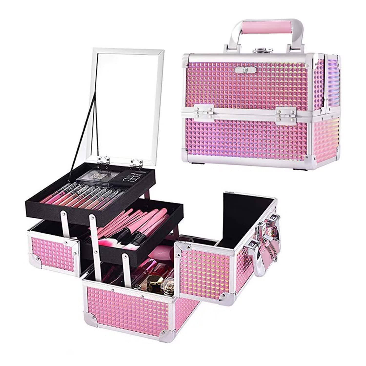 Portable Diamond Patterned Pink Makeup Case With Mirror 3