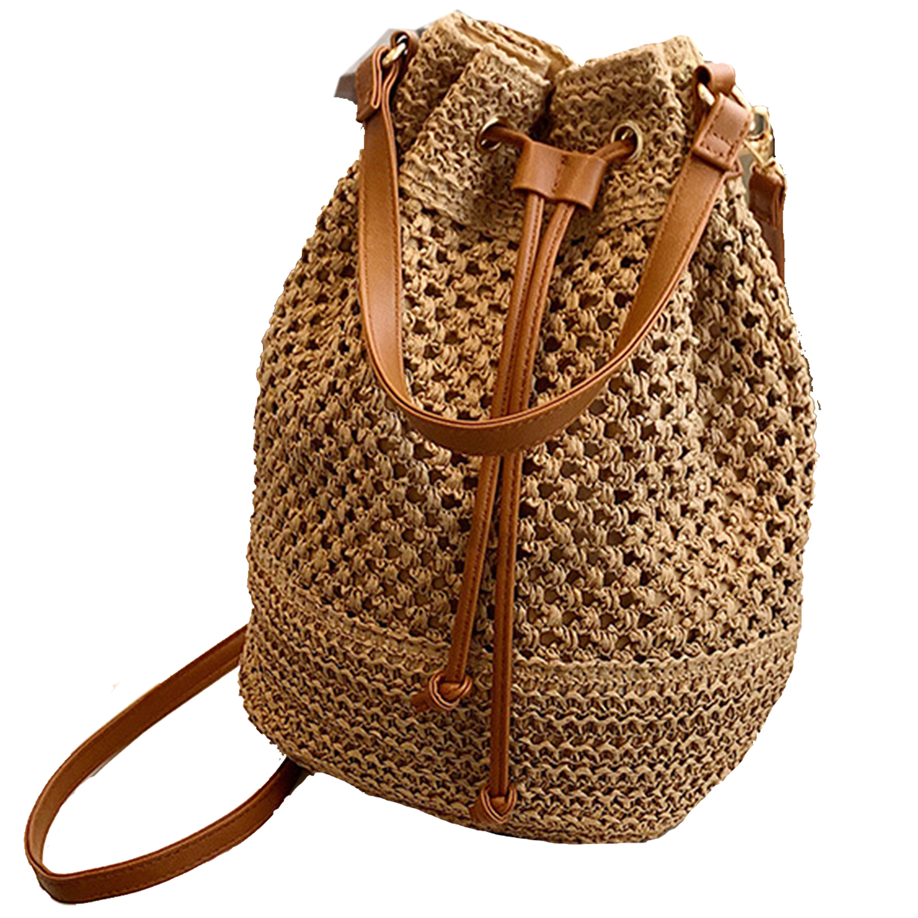 Jute Woven Beach Drawstring Hobo Bucket Purses Handbag 2