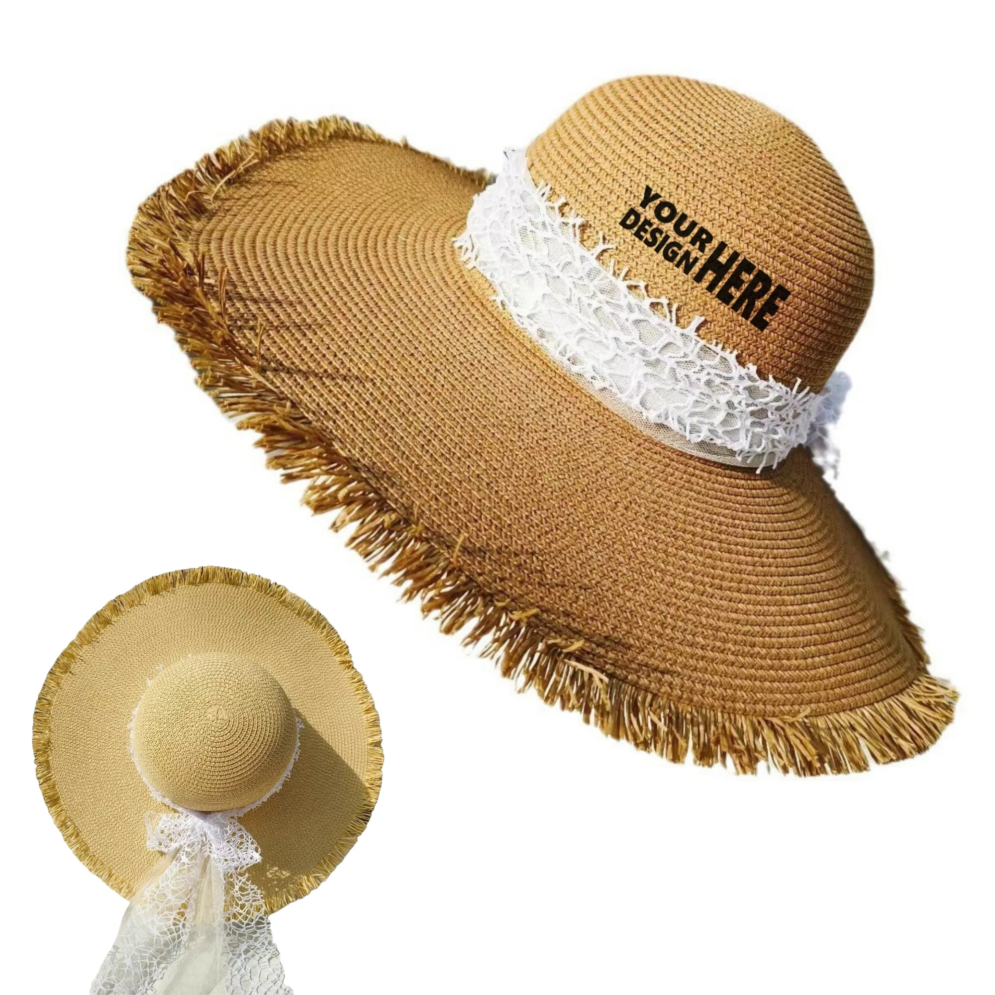 Custom Branded Wide Brim Lace Straw Hat for Outdoor Events