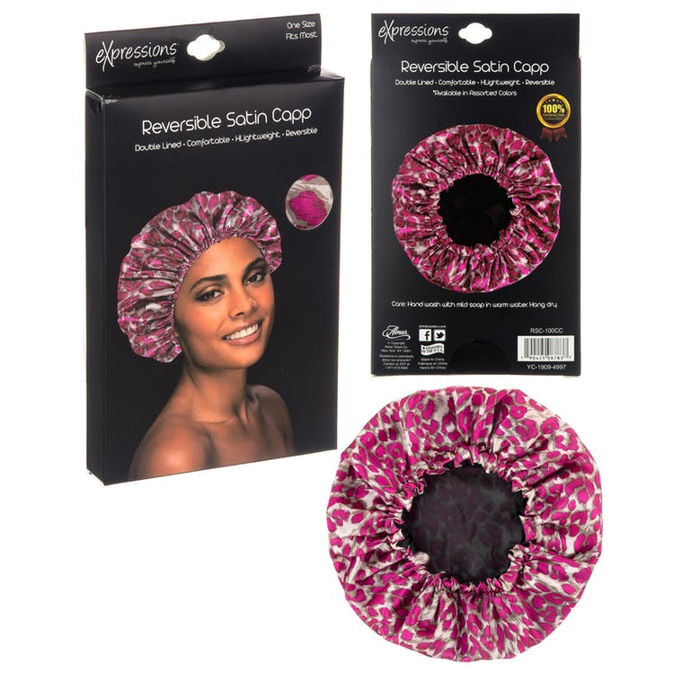 Reversible Satin Hair Cap - Pink Cheetah 48 Count 1