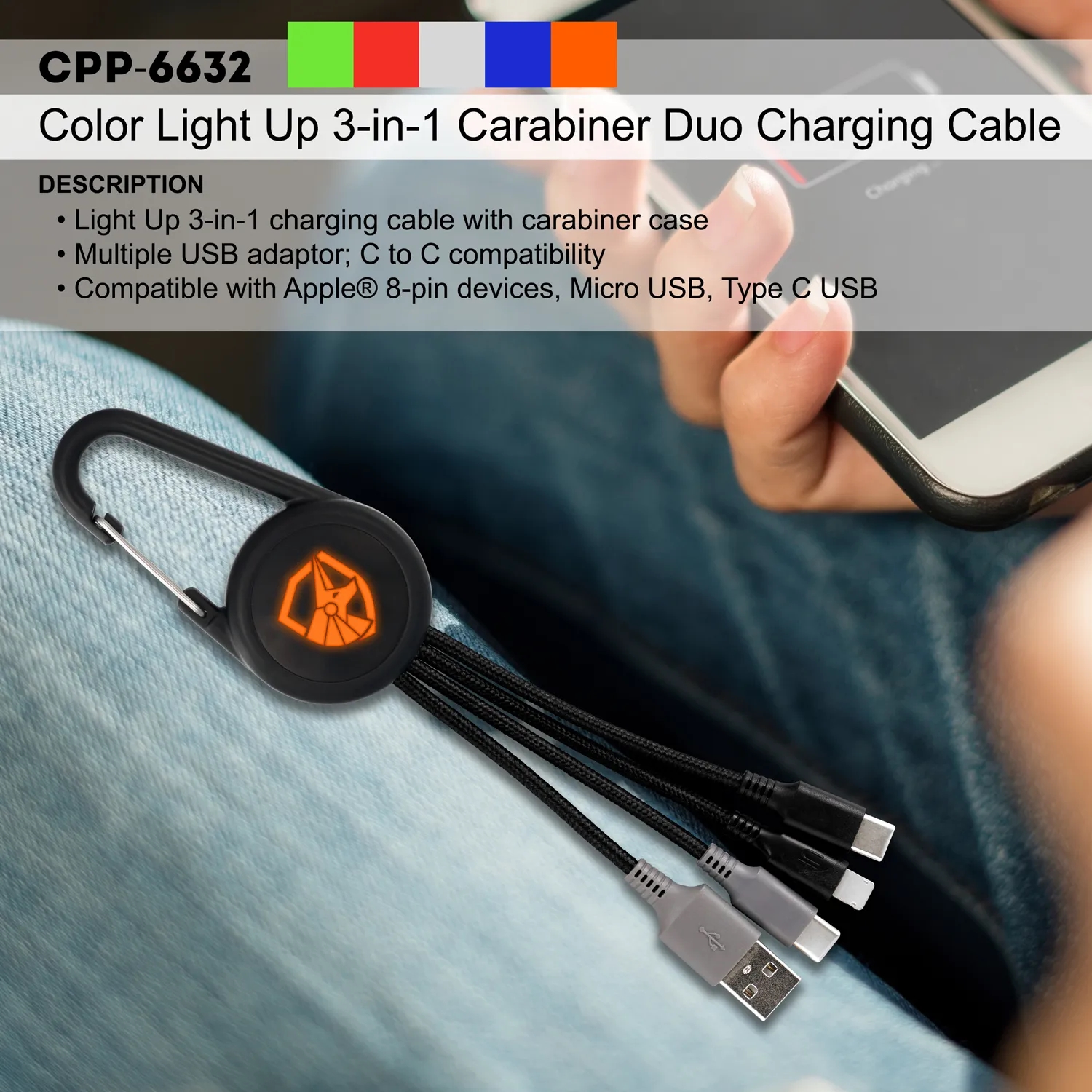 Color Light Up Dual Input 3-in-1 Carabiner Charging Cable 8