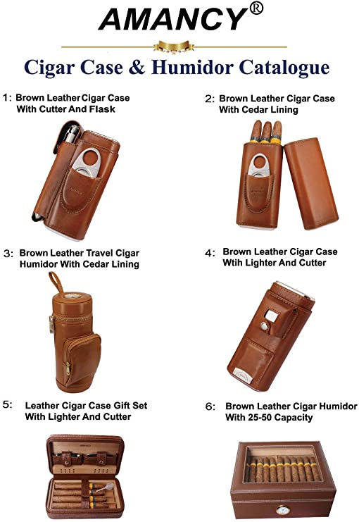 Classic Leather 3 Fingers Cigar Case w/ Cedar Wood Lining and Stainless Steel Cutter Contained 3