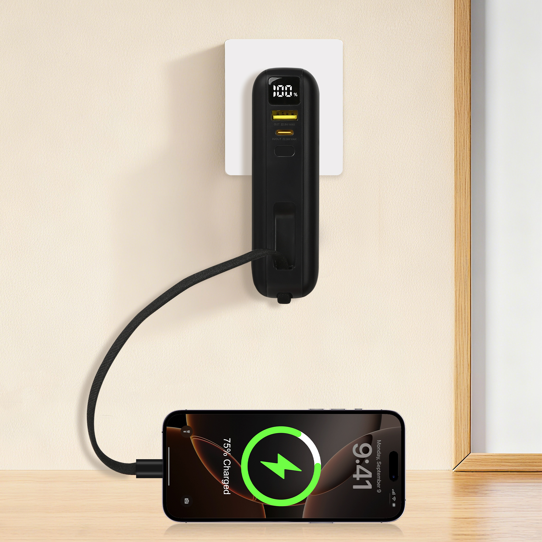 10000mAh 20W PD Power Bank With AC Plug & Built-In Dual Cables 4