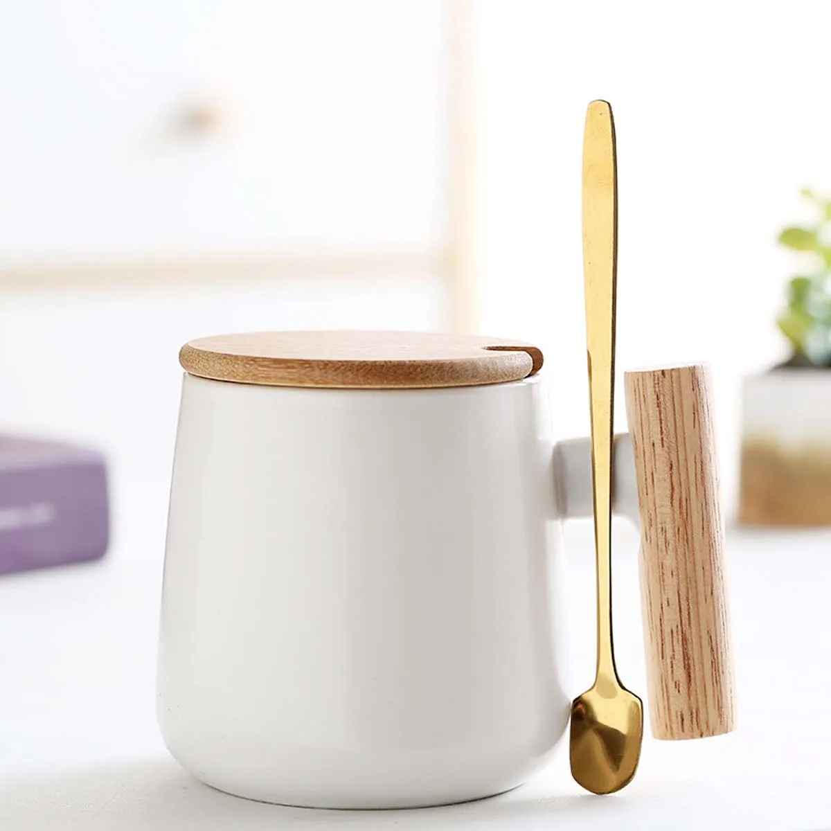 12oz. Ceramic Wooden Handle Tea cup Lid Spoon Coffee Mug 3