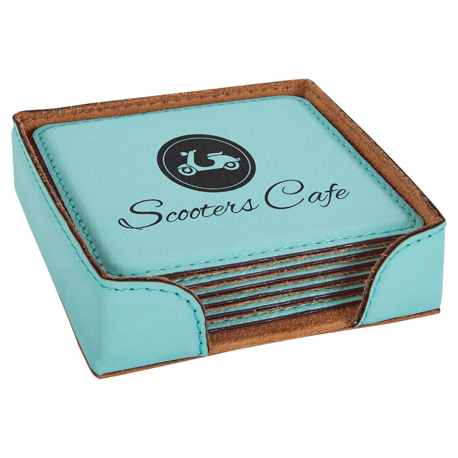 4" x 4" Teal Square Leatherette 6-Coaster Set 2