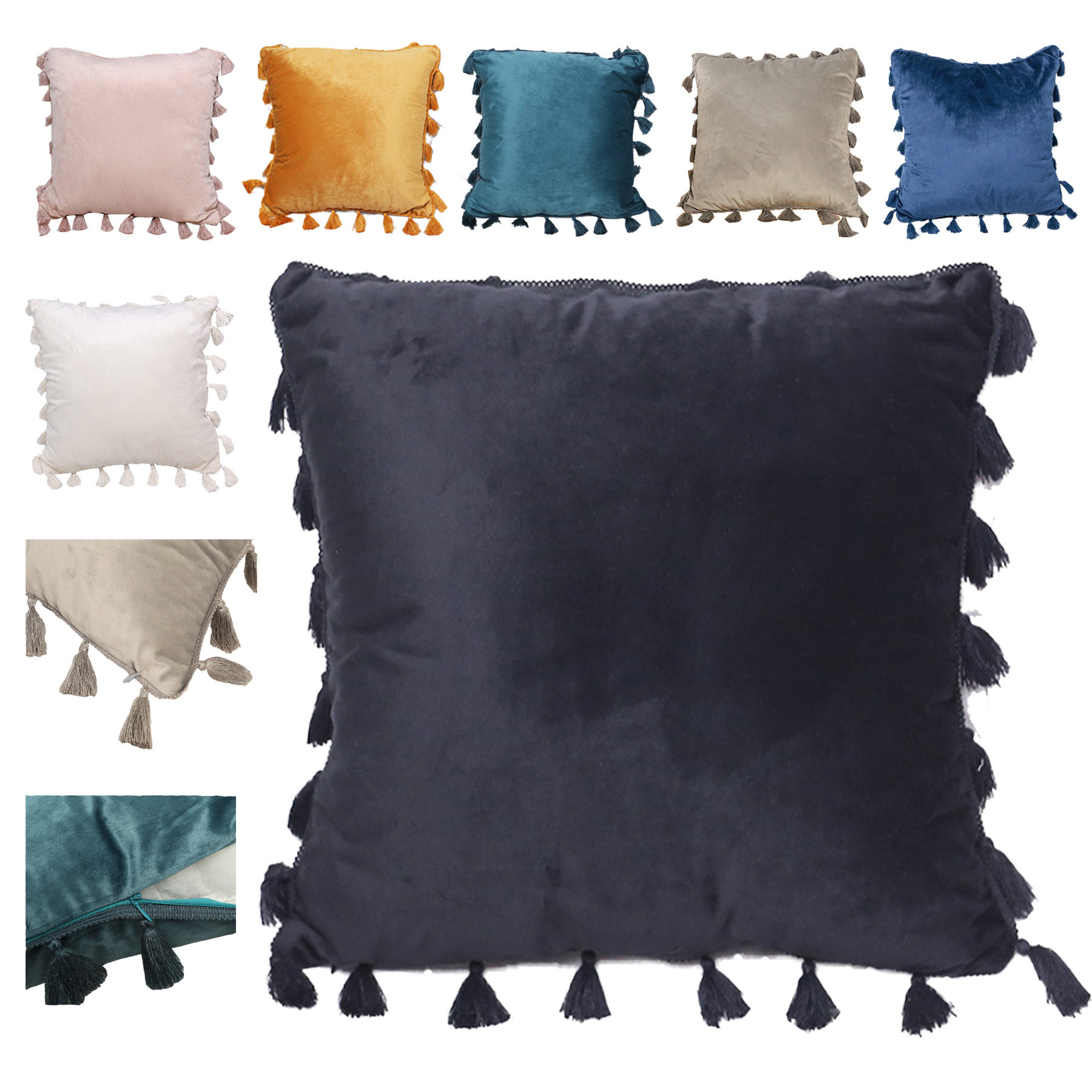 Soft Velvet Solid Square Throw Pillow With Tassels 1