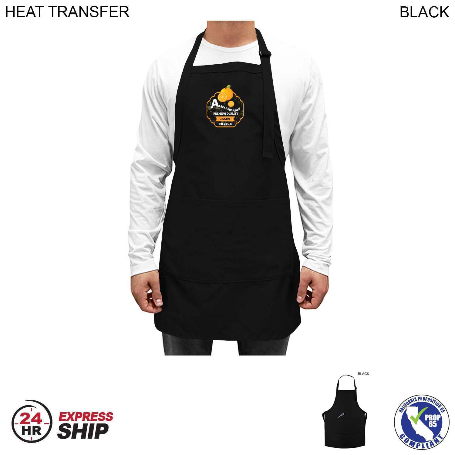24 Hr Express Ship - Twill Bib Apron, 25x28, 2 Pockets, Adjustable Neck, Heat Transfer Logo 2