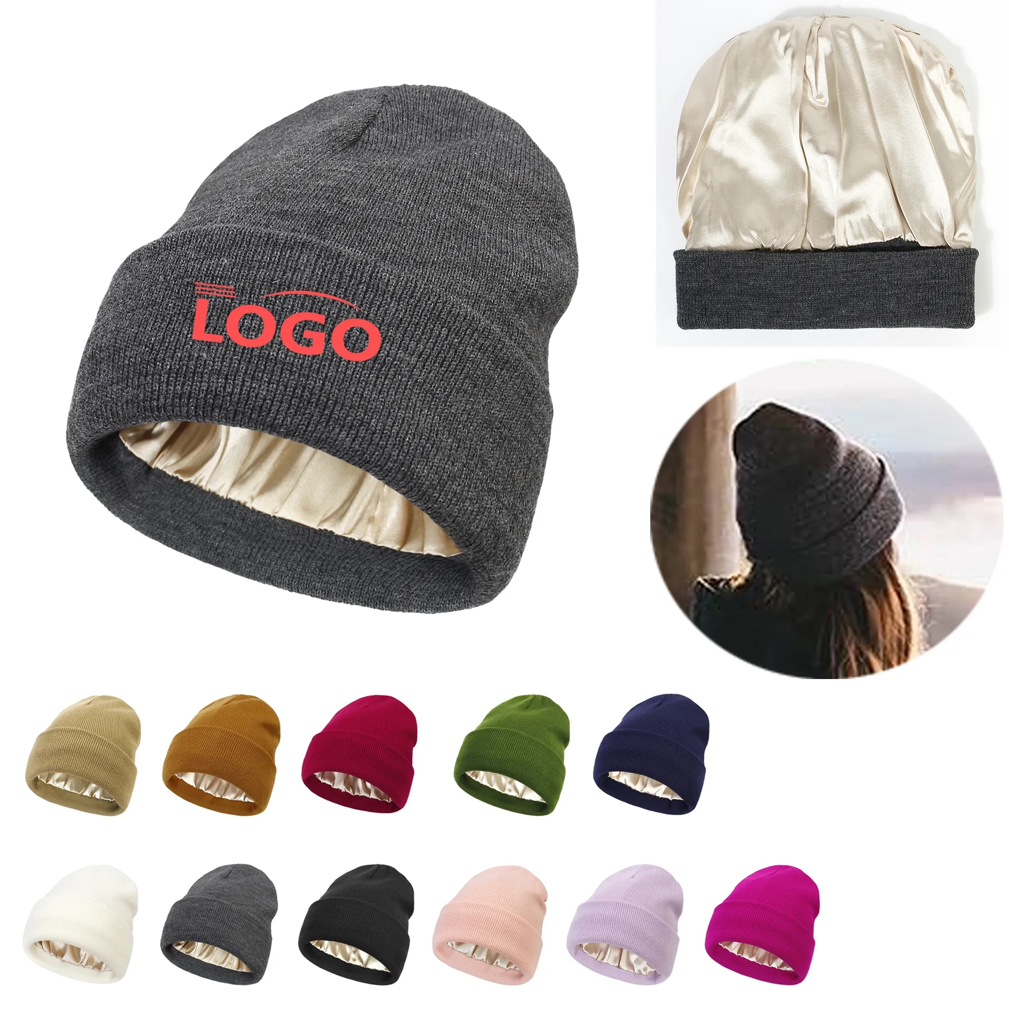 Satin Lined Knit Beanie Hat 5
