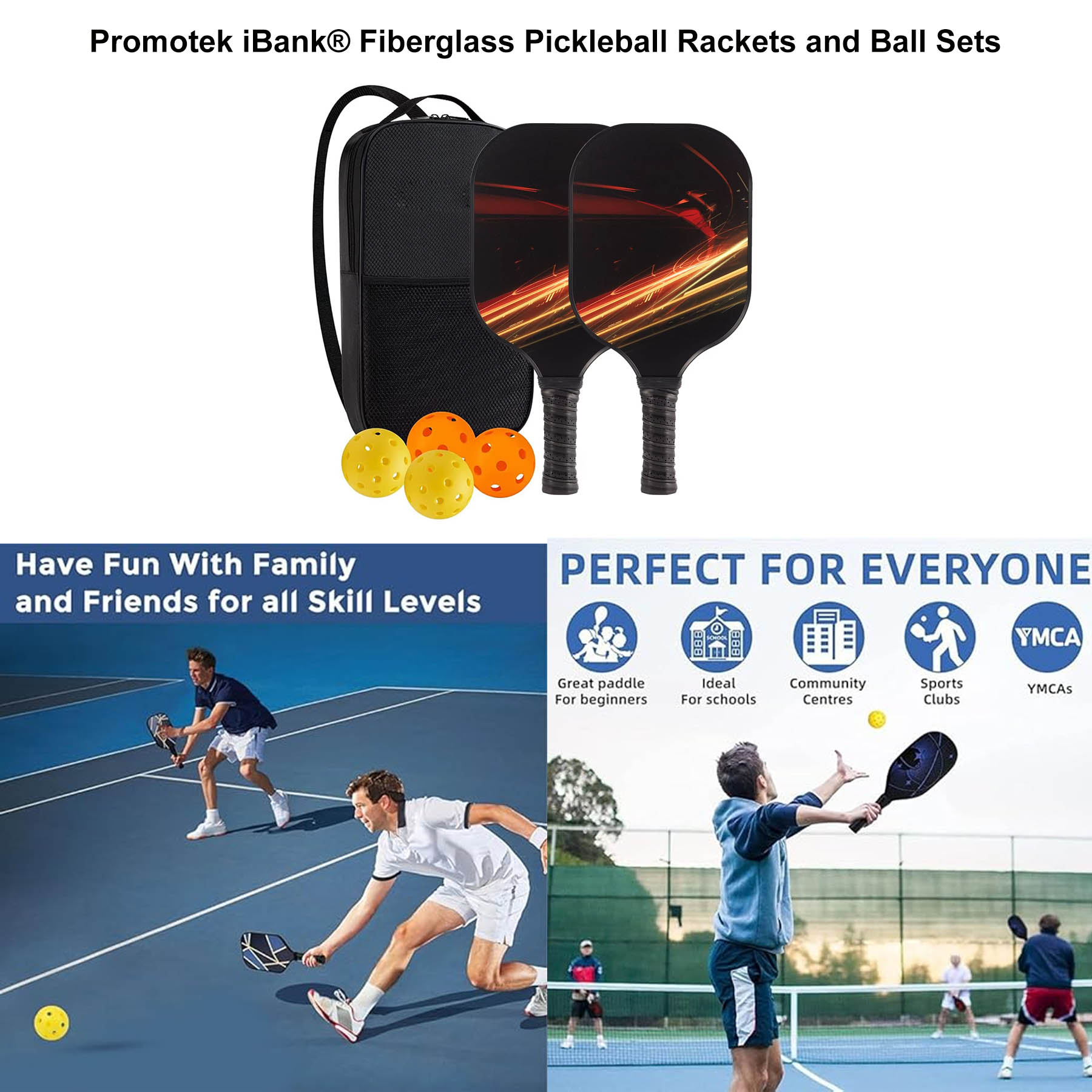iBank ® Pickleball Set of 2 Paddles with 4 Outdoor Balls and Durable Carrying Case 1