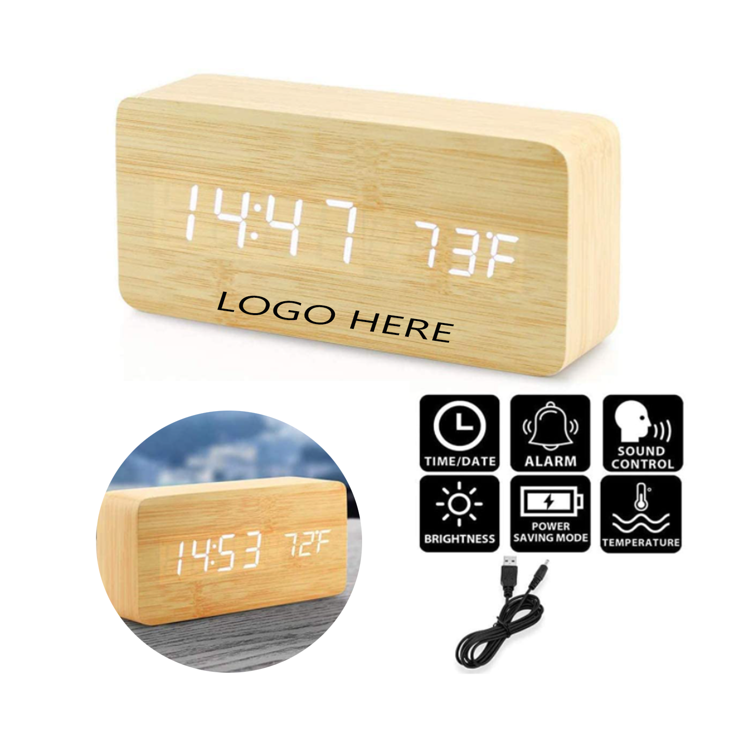 Wooden Alarm Clock with Temperature Display 3
