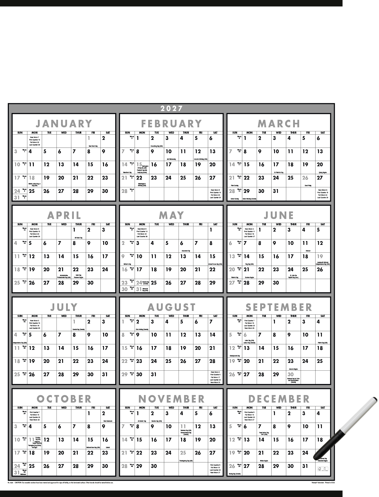 Triumph® Calendars Black & White Span-A-Year Laminated w/Marker Calendar 15