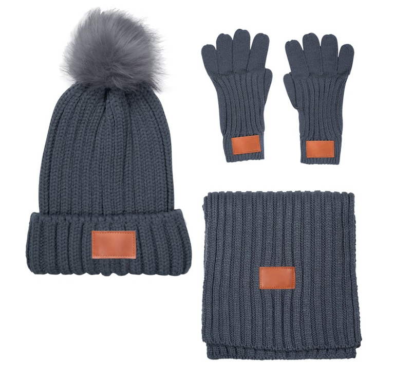3 Pc. Rib Knit Fur Pom Winter Set 1