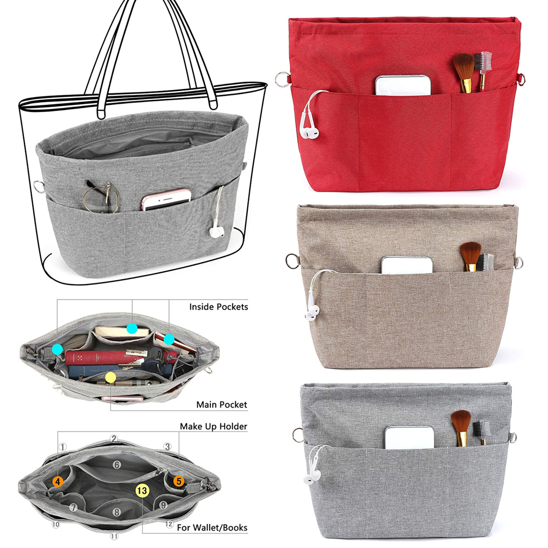 7.09 x 2.95 x 5.71 Inches Purse Bag Organizer Insert with 13 Pockets 2