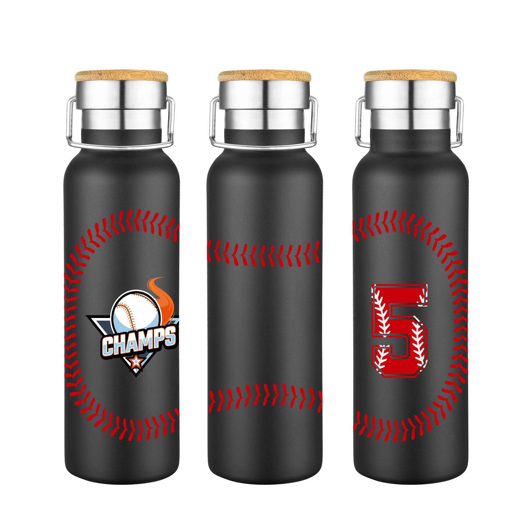 20 oz. Baseball Design Double Wall SS Bamboo Lid Water Bottle, custom water bottle with logo imprint 3