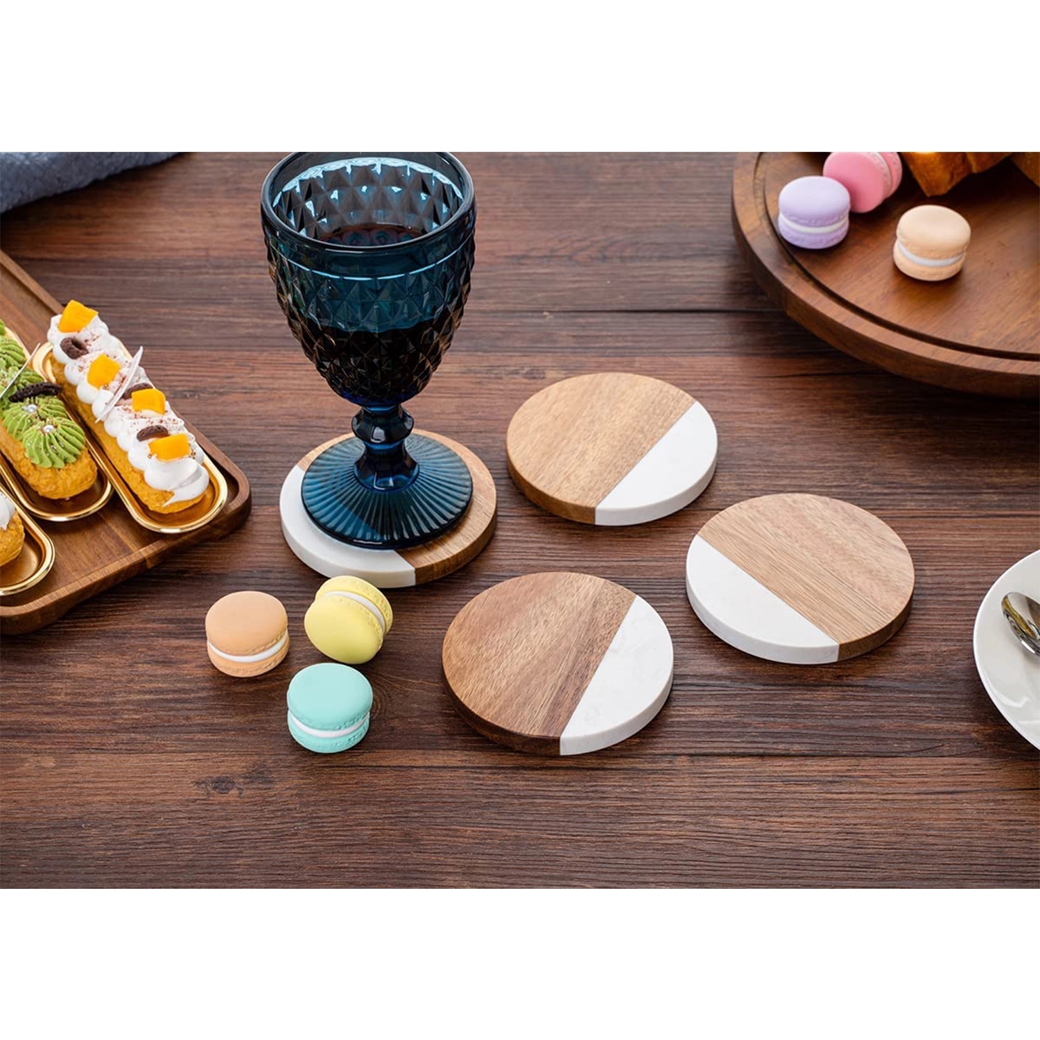 Round Acacia Wood And Marble Coaster 4