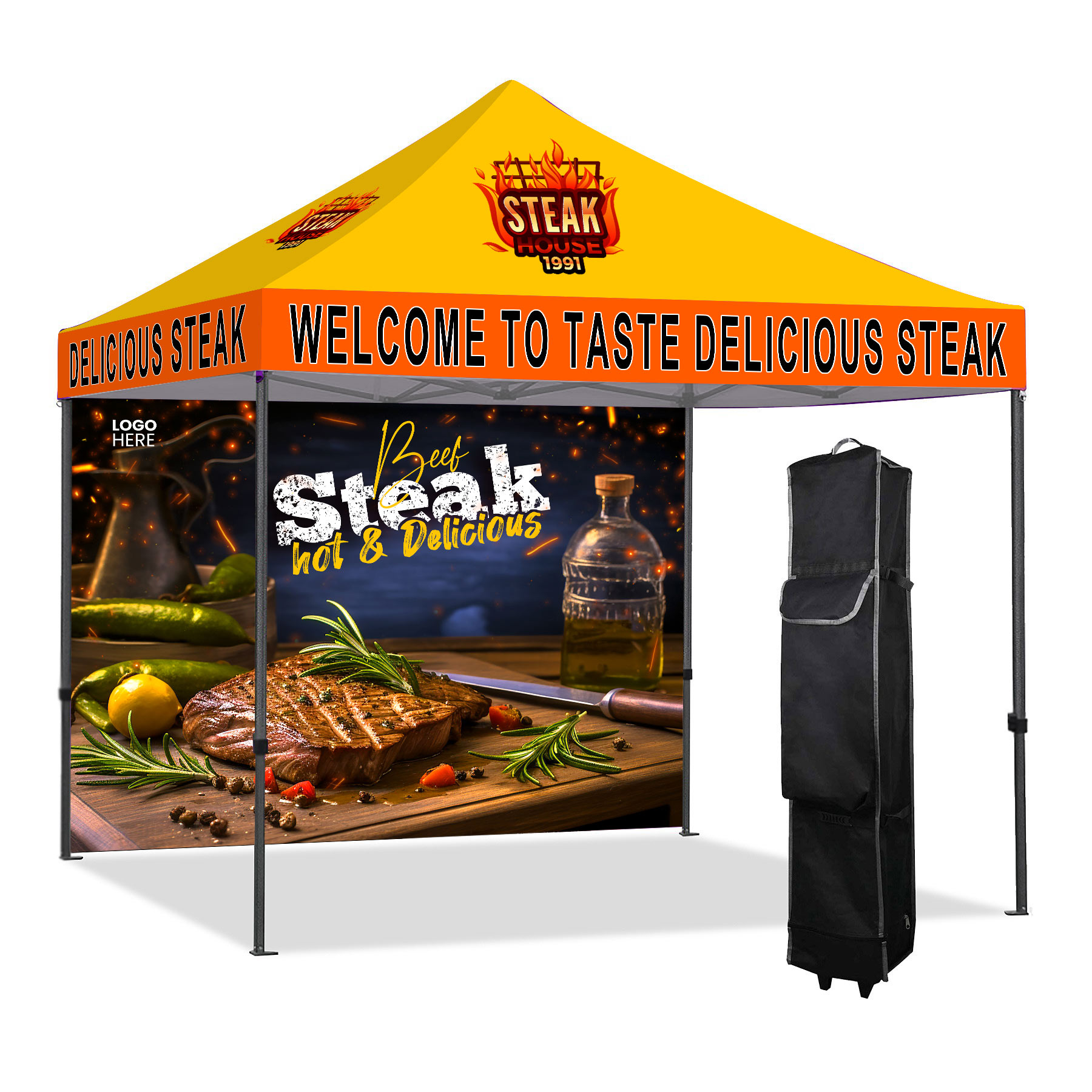 10x10ft Deluxe Black Steel Frame Tent Kit w/ Dye Sublimation Canopy+Full Back Wall 4