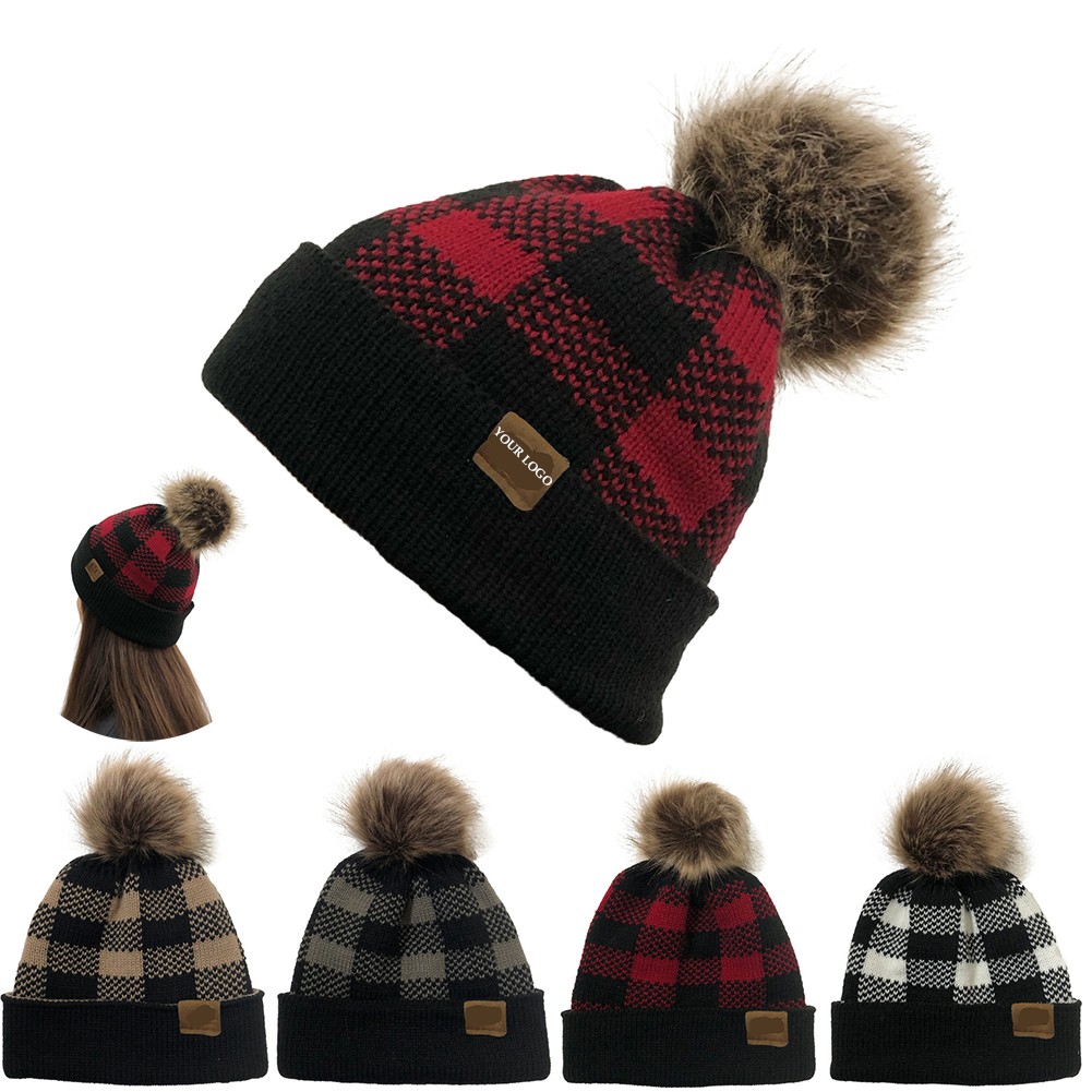 Plaid Beanie Hat with Faux Fur Pom 1