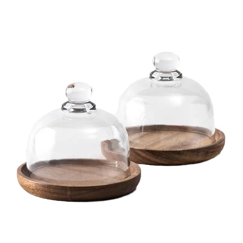 4" Glass Dome Cheese Cake Cover Display w/ Wooden Base Tray 5