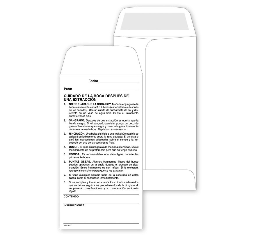Envelope, Post Operative Instruction, Dental, Spanish 1