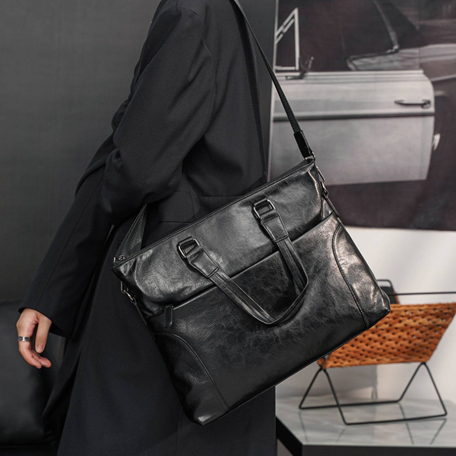 Large Capacity PU Leather Business Tote Bag Detachable Strap 3