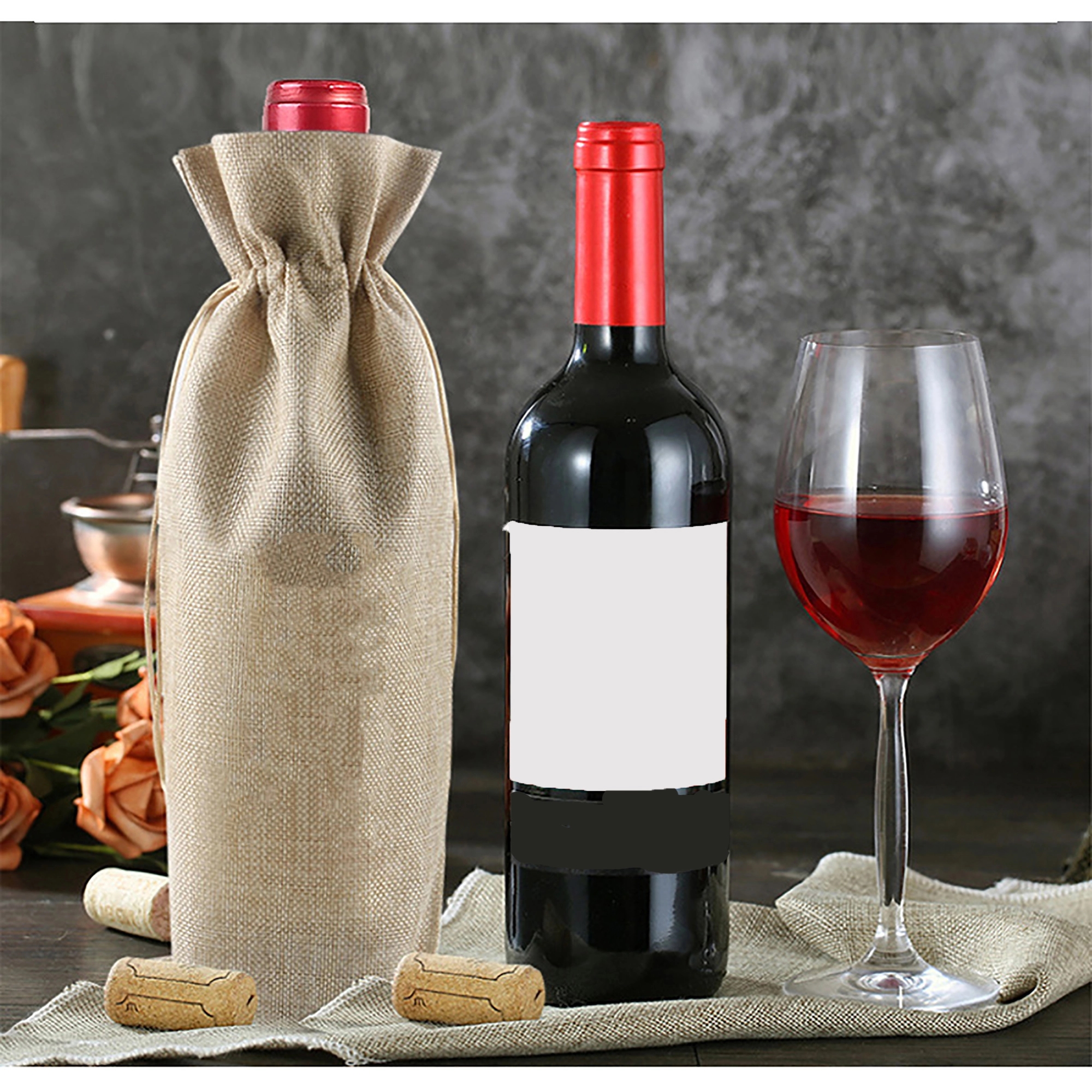 Drawstring Burlap Wine Bag 6