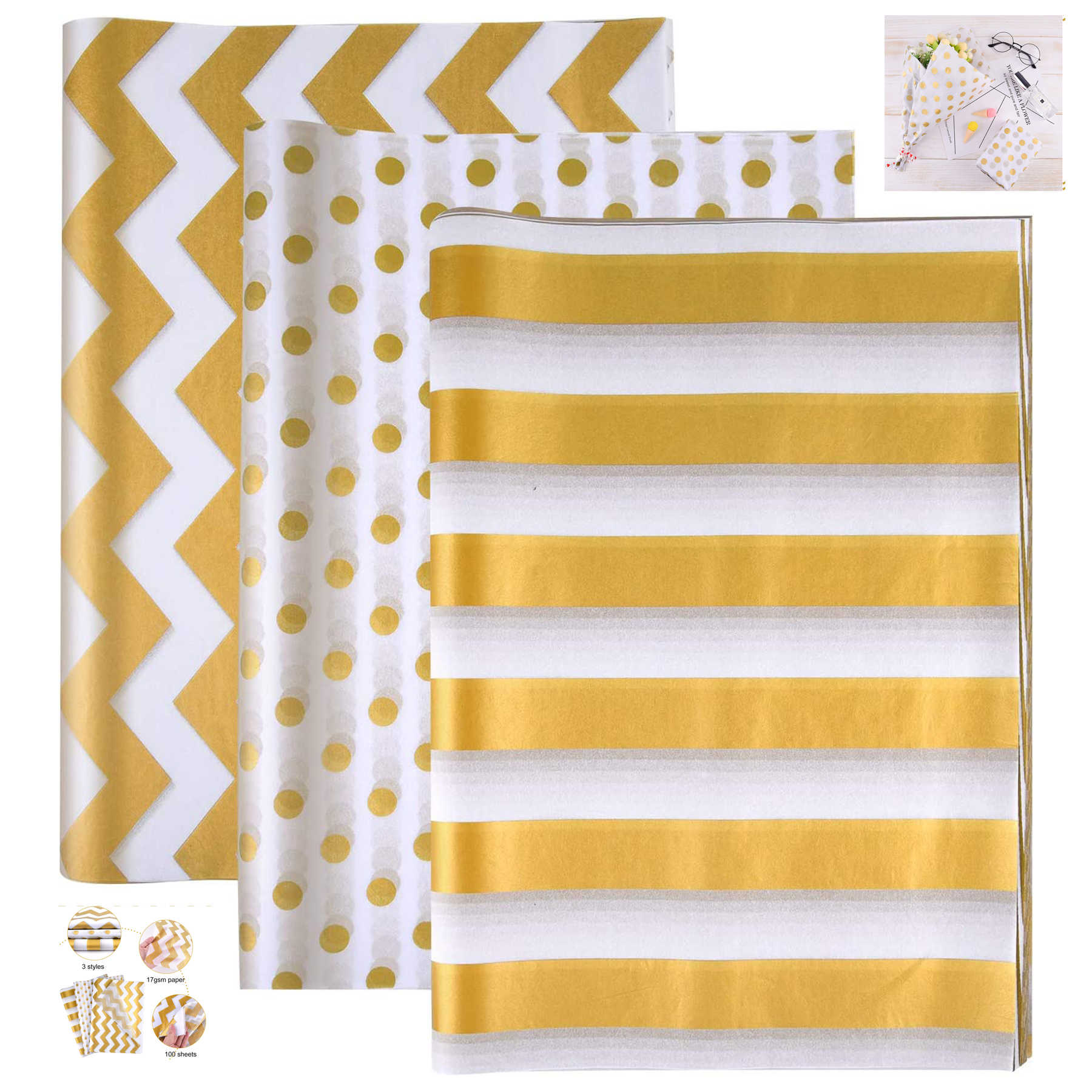 100 Pcs Gold White Tissue Paper