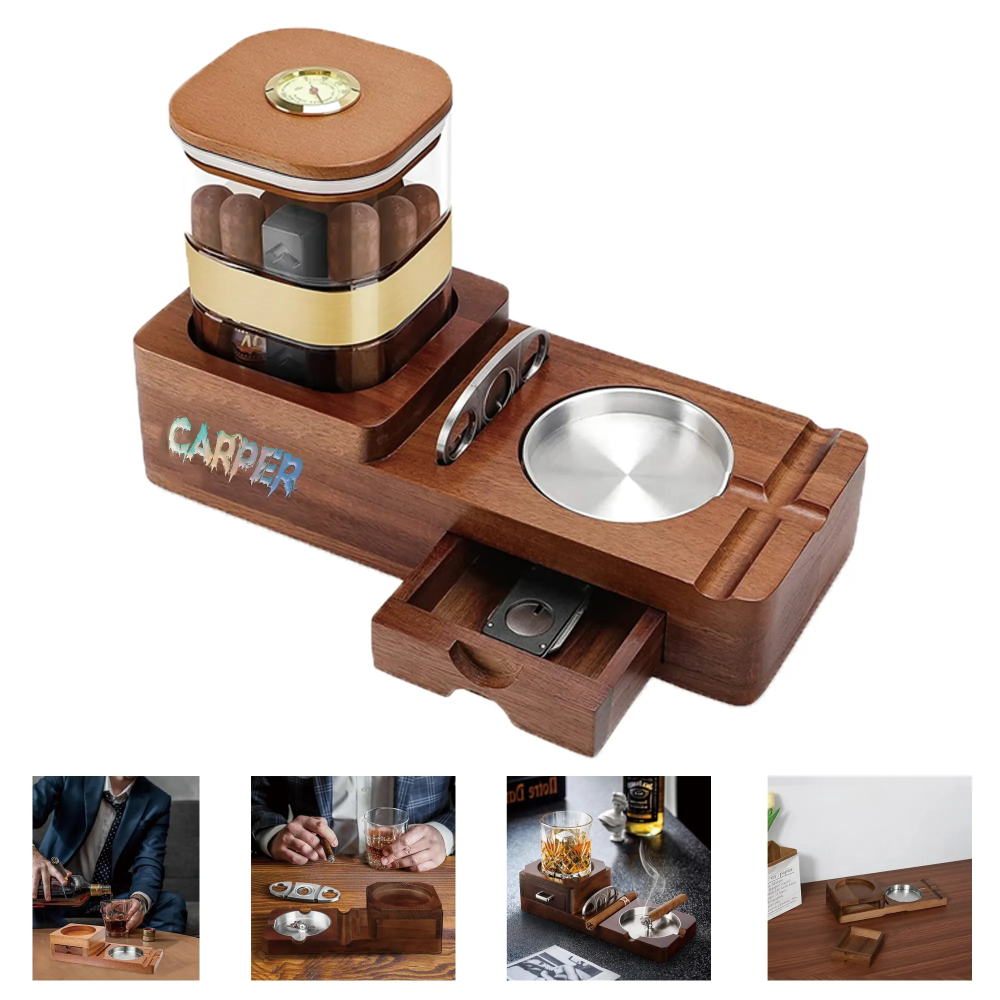Wooden Cigar Case Humidor Ashtray Set With Cutter Office