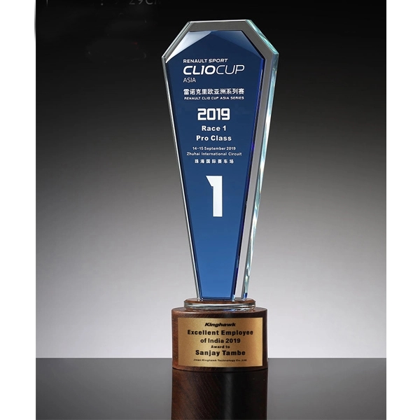 Plaque Design Blue Crystal Trophy with Wooden Base 7