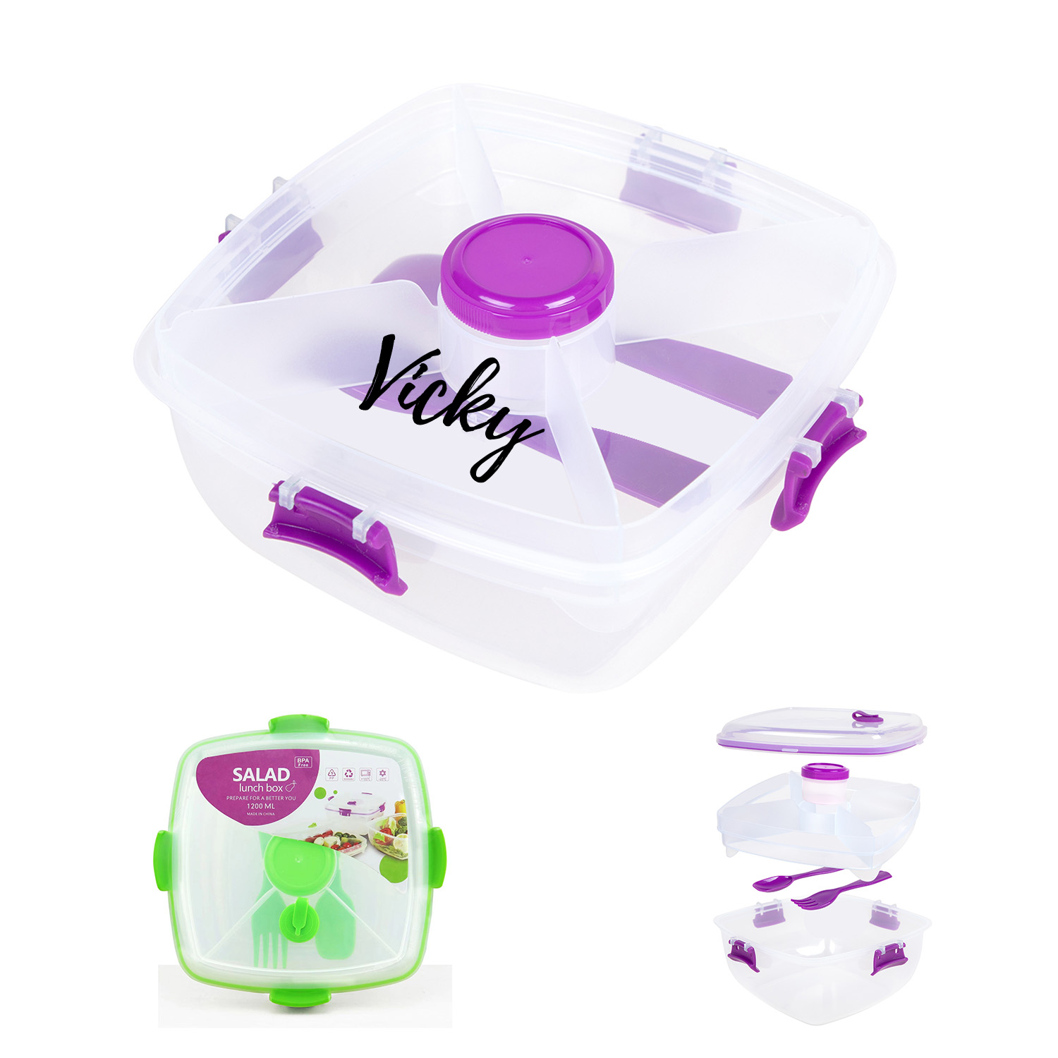 Transparent Plastic Salad Container w/ Utensils 4