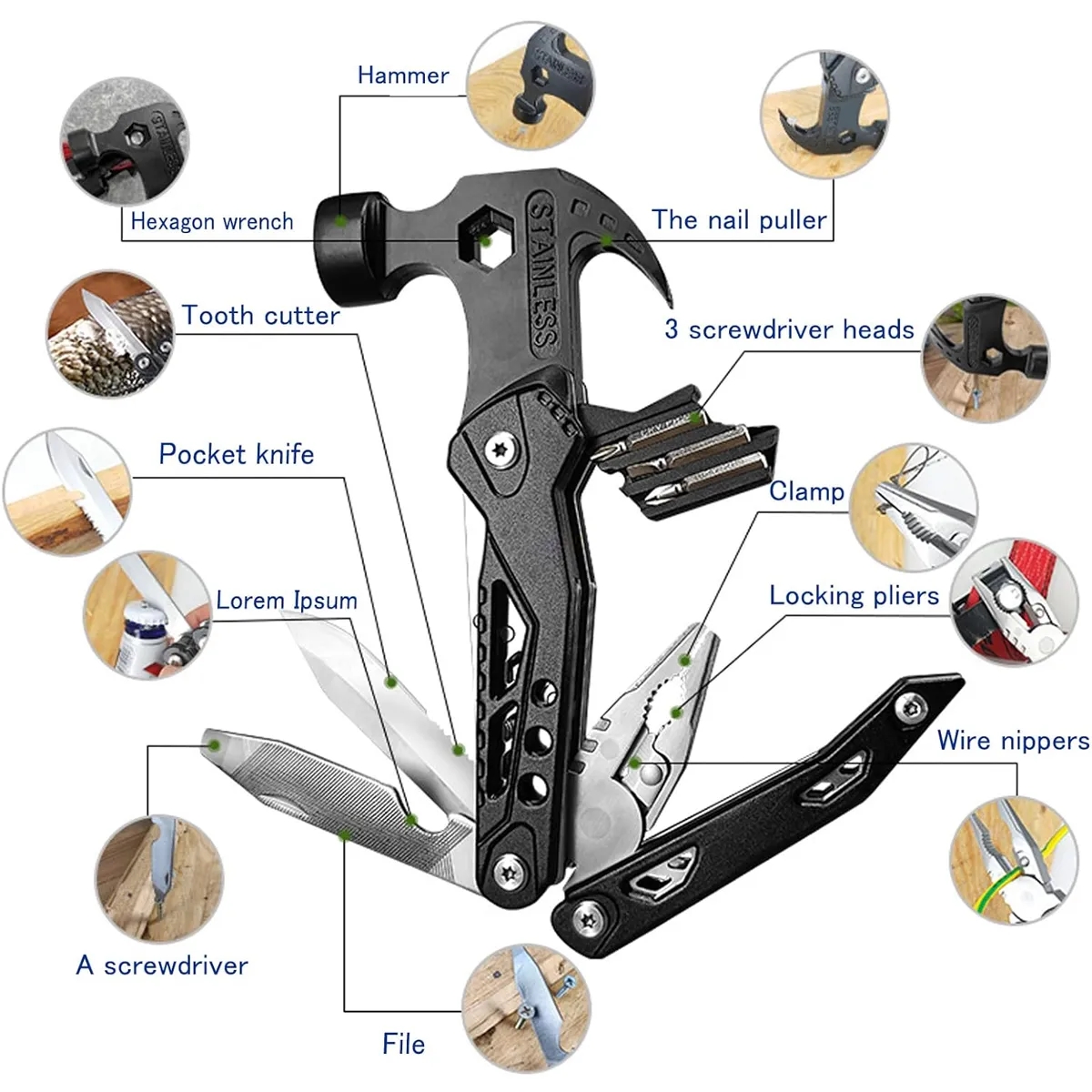 14 in 1 All One Multitool Hammer Folding Survival Tool 3